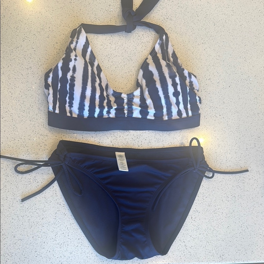 Athleta Navy/White Striped Bikini Set Small EUC